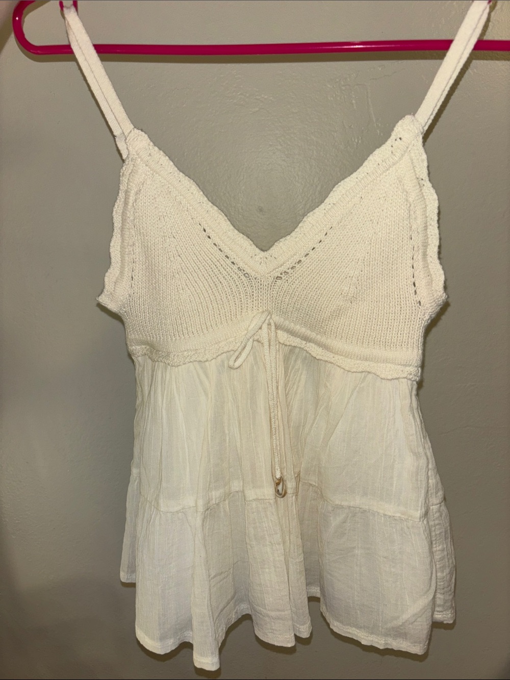 Hollister Cream Knit Bodice Gauze Tiered Tie-Front Tank
